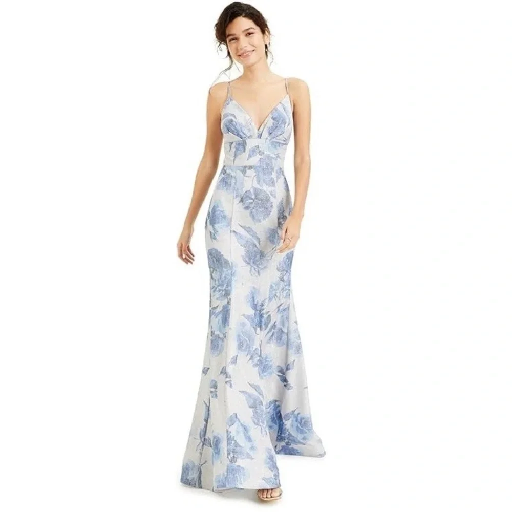 B Darlin | Dresses | B Darlin Junior Womens 34 Silver Blue Floral V Neck  Maxi Long Dress Small | Poshmark